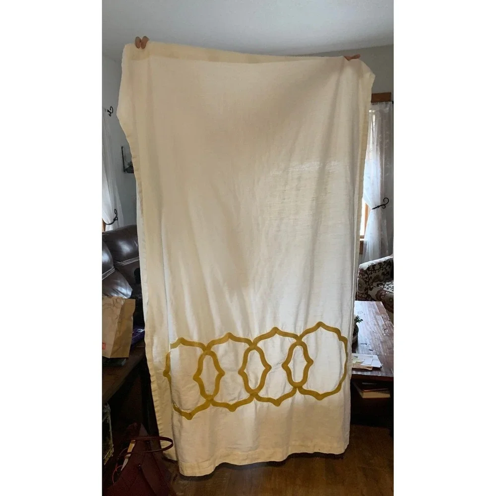 Ivory White Curtain Panel‎ with Gold Geometric Trim, Window Covering Drape